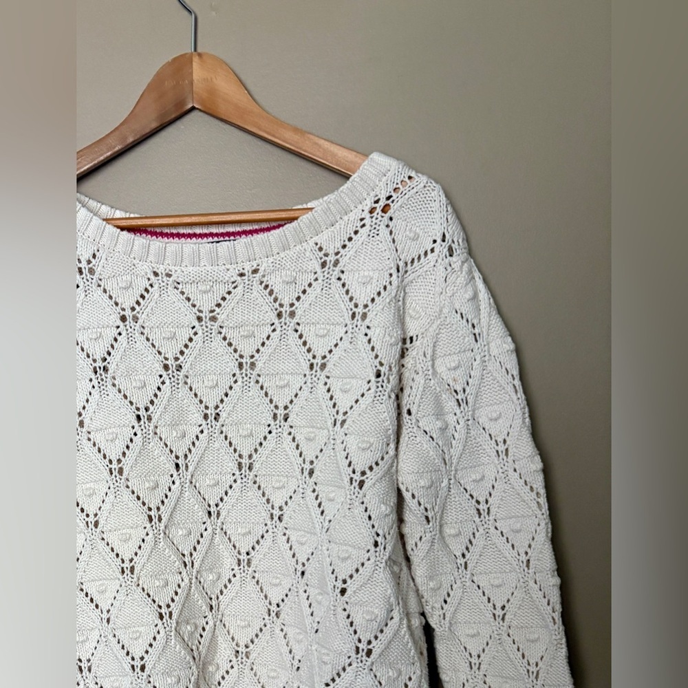 TOMMY HILFIGER ivory crochet open knit sweater sz XL cottagecore chunky Pom Pom - Picture 2 of 16